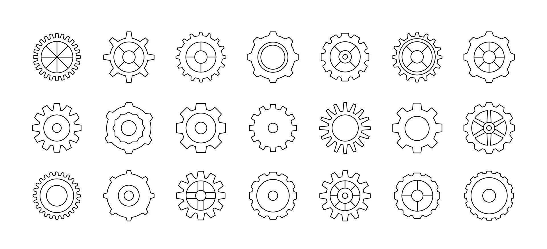 Gear wheels. Outline gears icons. Flat line machine cogwheel for web design setting, app designs. Contour engineering symbols. Technology circular shape elements. collection vector