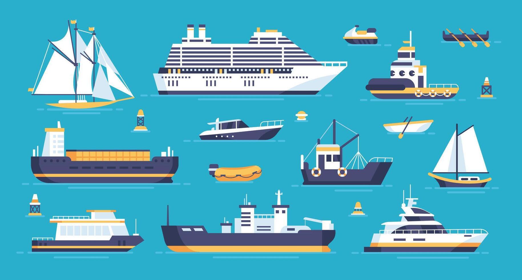Flat sea ships. Cartoon marine transport. Sailing, cargo, cruise luxury ocean liners, small fishing boats, motorboats, regattas, rowboats, steamboats, tugboats. collection vector