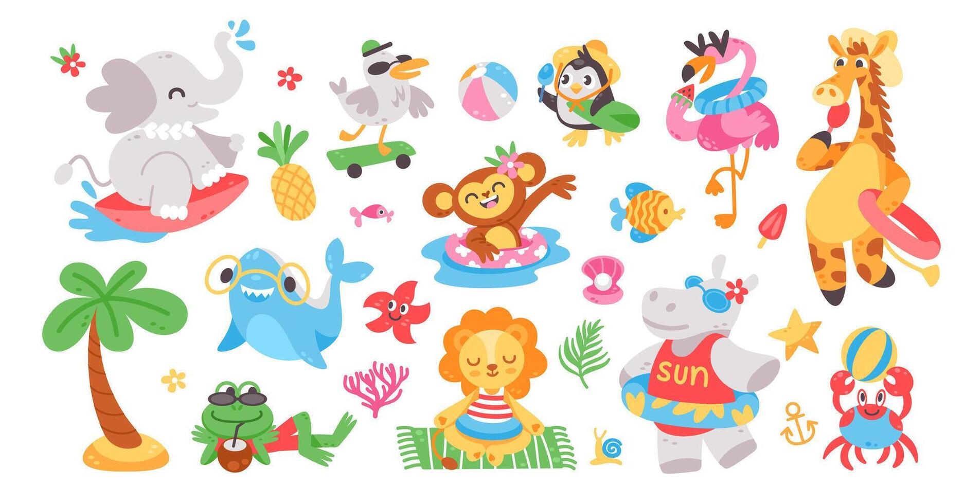 Cute animals on vacation. Cartoon summer adorable animal and bird. Giraffe in straw hats, elephant on surf, seagull on beach, funny hippo with swim ring. children collection vector