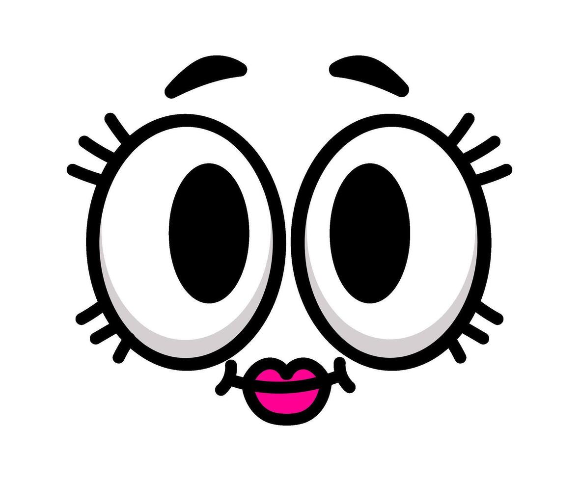 Cartoon face with wide open eyes, raised eyebrows, long eyelashes and small pink lips, expressing surprise or amazement, isolated on white background vector