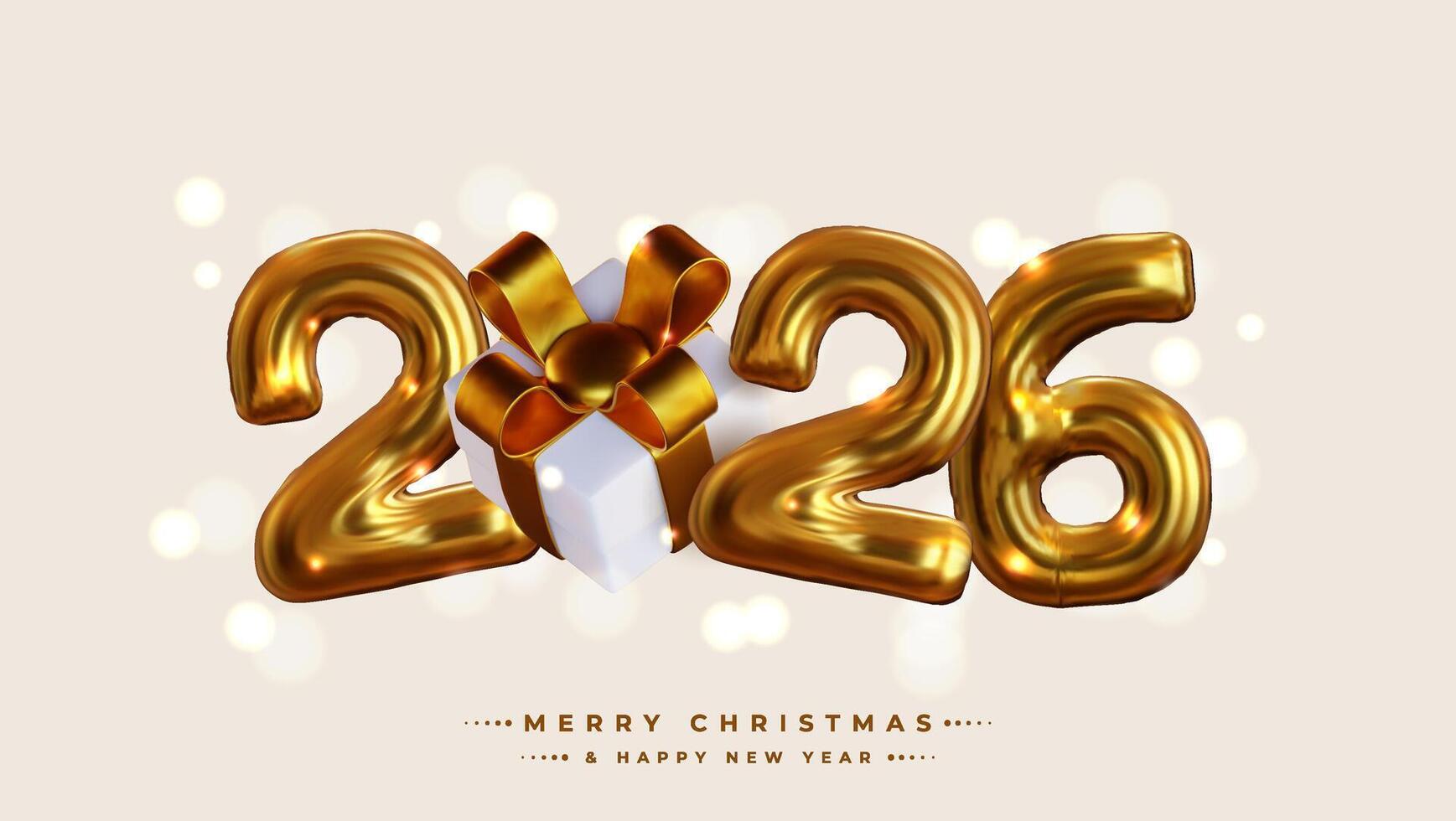 Happy New Year 2026, Realistic 3D rendering of the figures, complemented by gold gift box ribbons and Christmas decorations. This is the perfect celebratory sign for your 2026 celebrations. vector