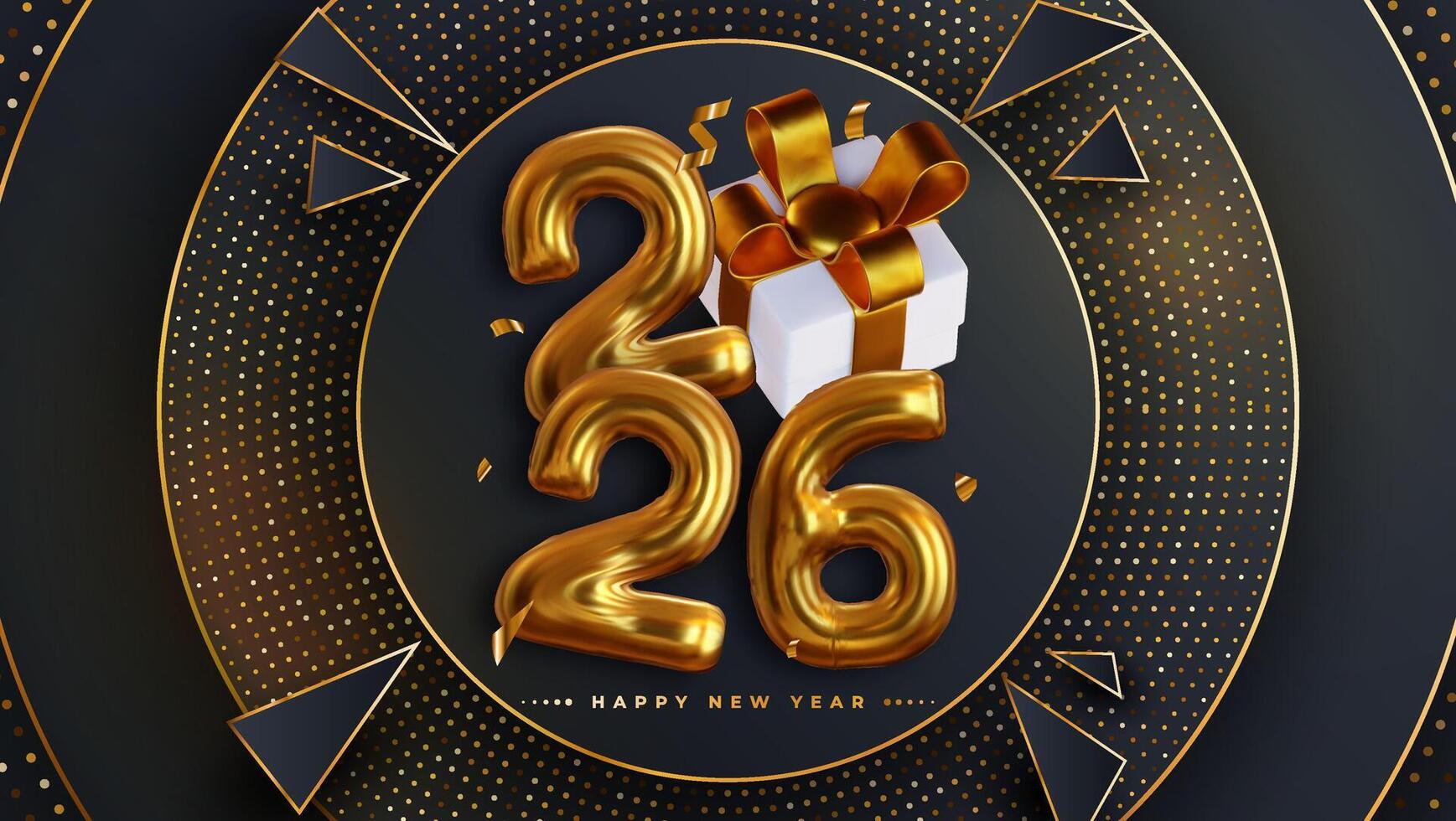 Happy New Year 2026, Realistic 3D rendering of the figures, complemented by gold gift box ribbons vector