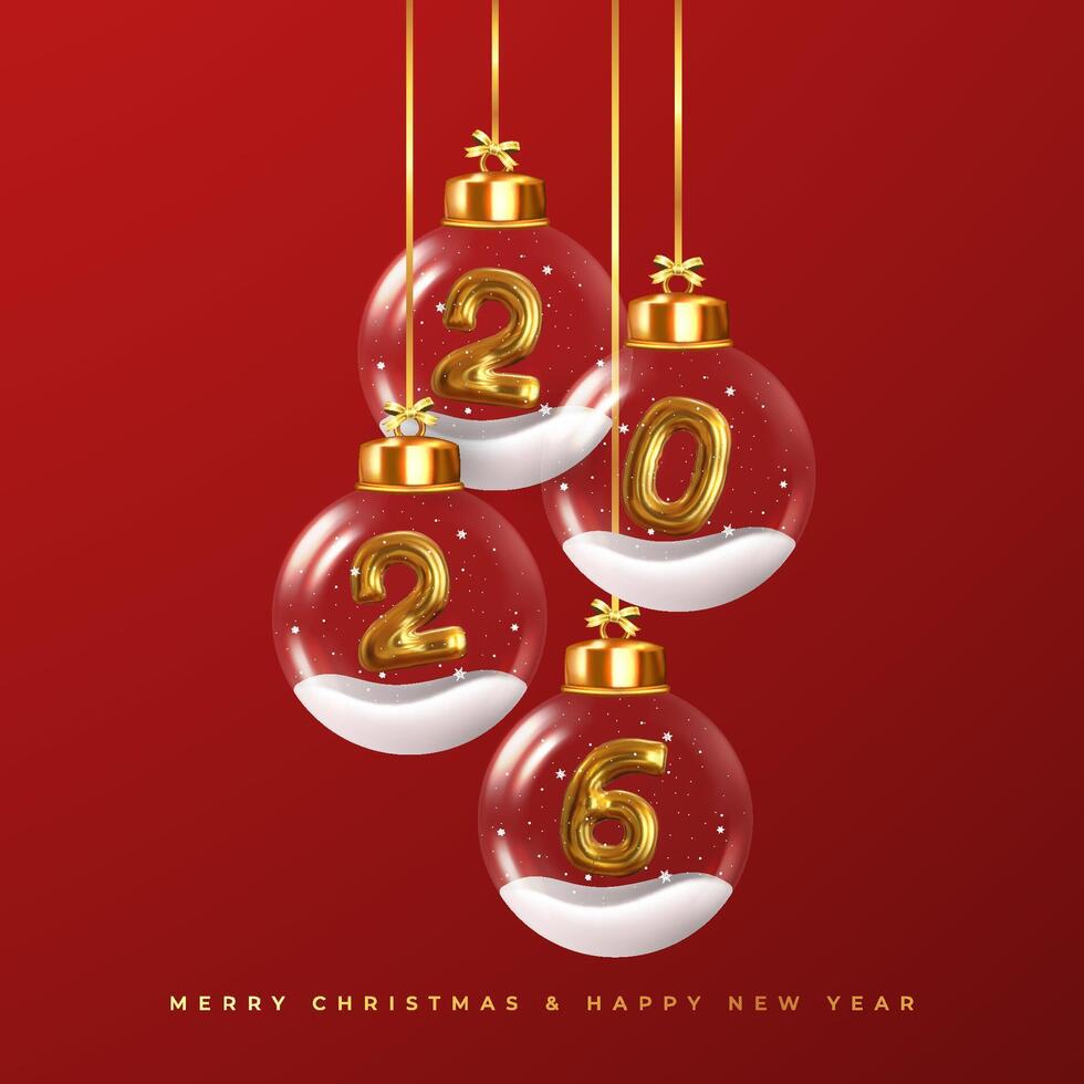 Happy New Year 2026, Golden numbers inside glass Christmas balls hanging on ribbon. Realistic 3D image of metal sign. Celebrating 2026 party. Christmas poster, web banner, site header. vector