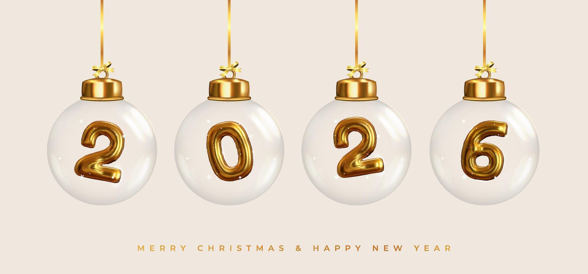 Happy New Year 2026, Golden numbers inside glass Christmas balls hanging on ribbon. Realistic 3D image of metal sign. Celebrating 2026 party. Christmas poster, web banner, site header vector
