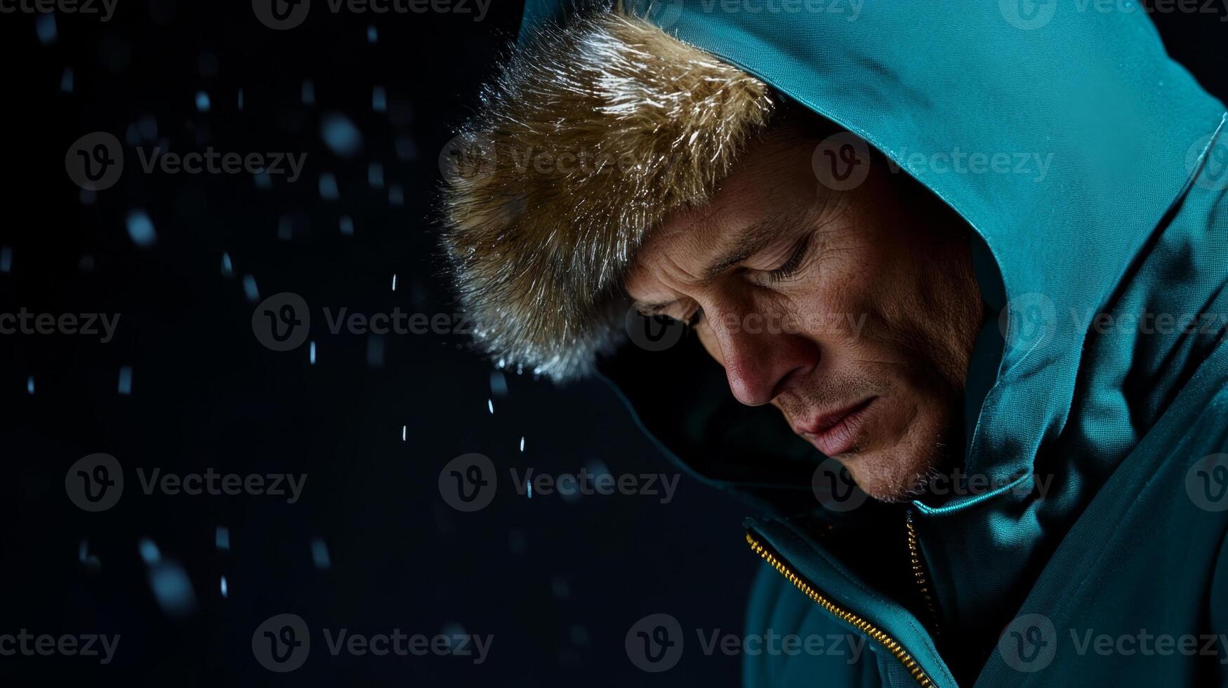 Man with fur-lined hood in snow, reflecting in a winter landscape at night photo
