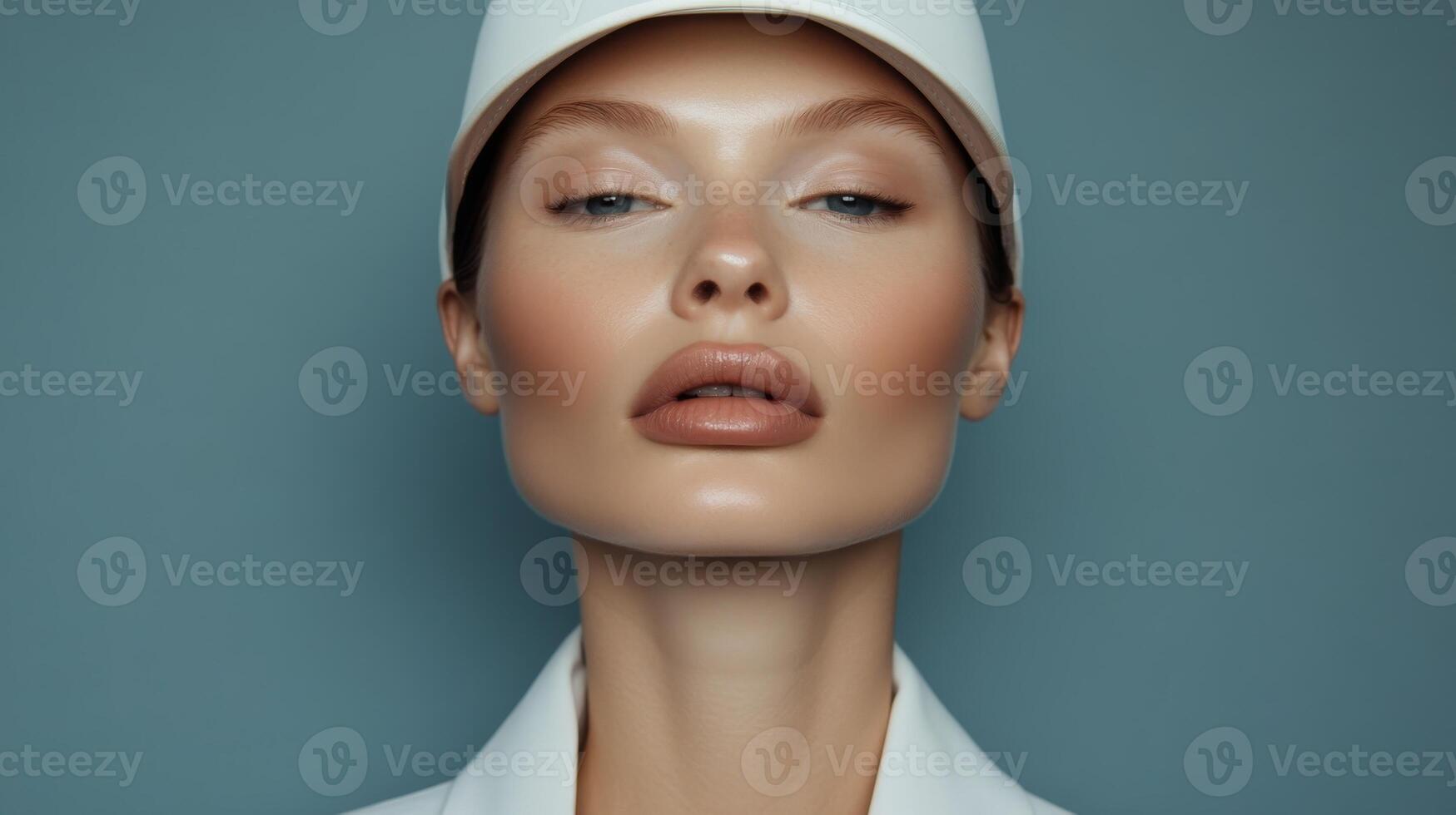 Confident model showcasing modern beauty trends with natural makeup and minimalist style photo