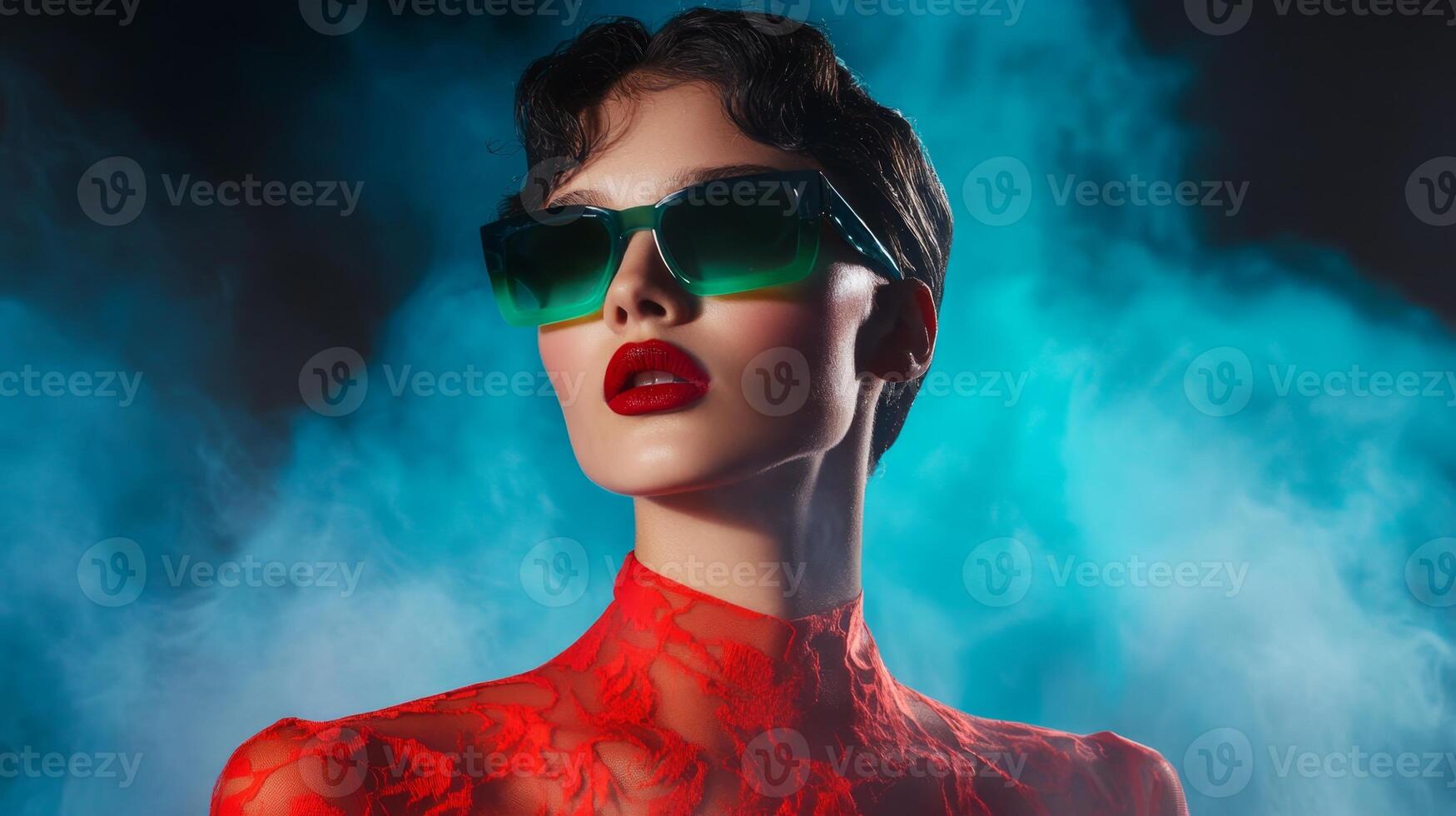 Stylish model posing dramatically in vibrant red attire with bold sunglasses against a colorful smoky backdrop photo