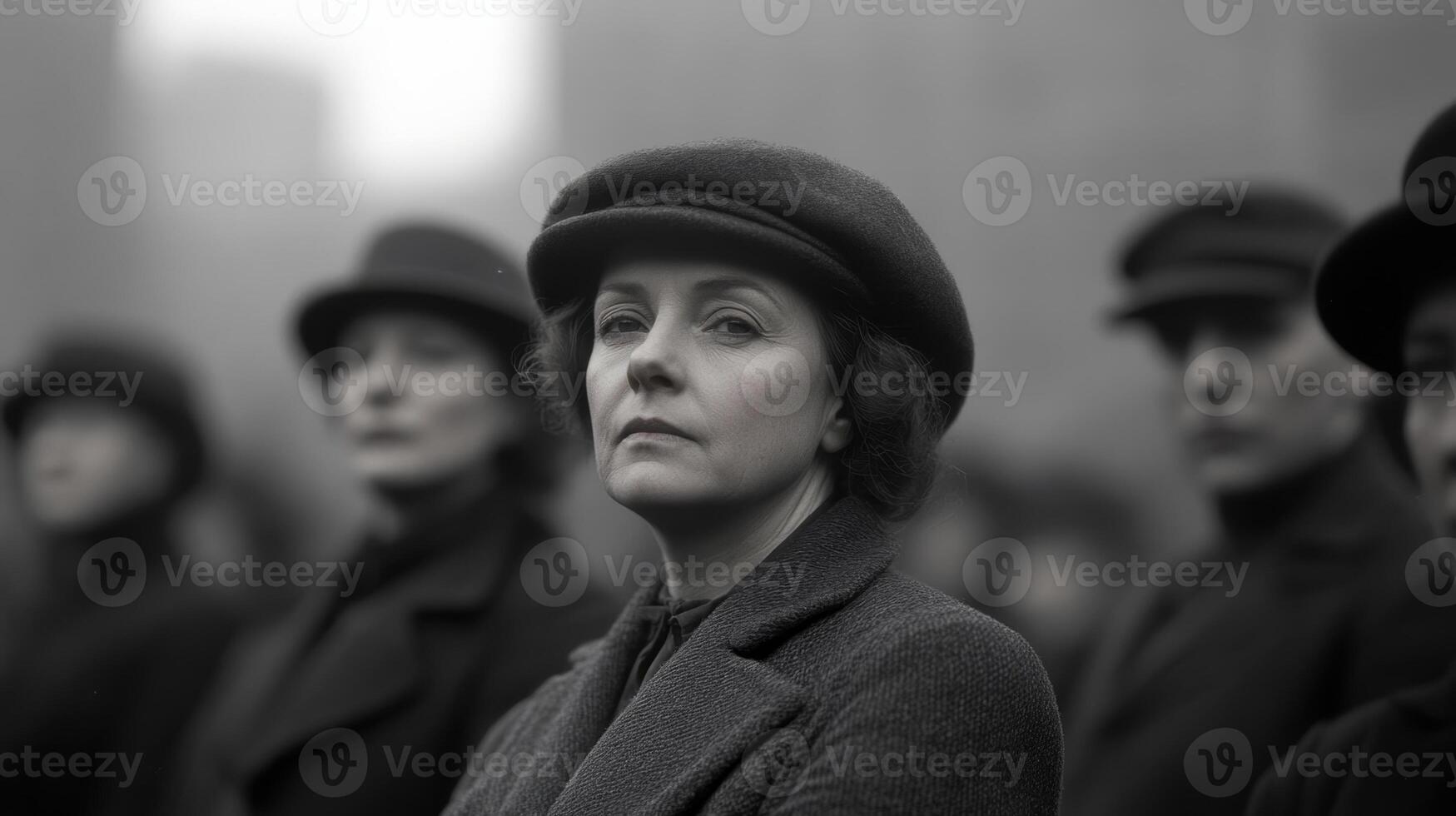 Women and men standing solemnly during a historical event in black and white, reflecting resilience and strength in an urban setting photo