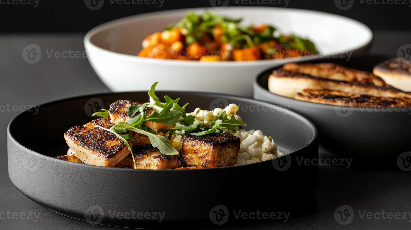 Deliciously prepared blackened fish served with popcorn, fresh greens, and roasted vegetables in stylish bowls photo