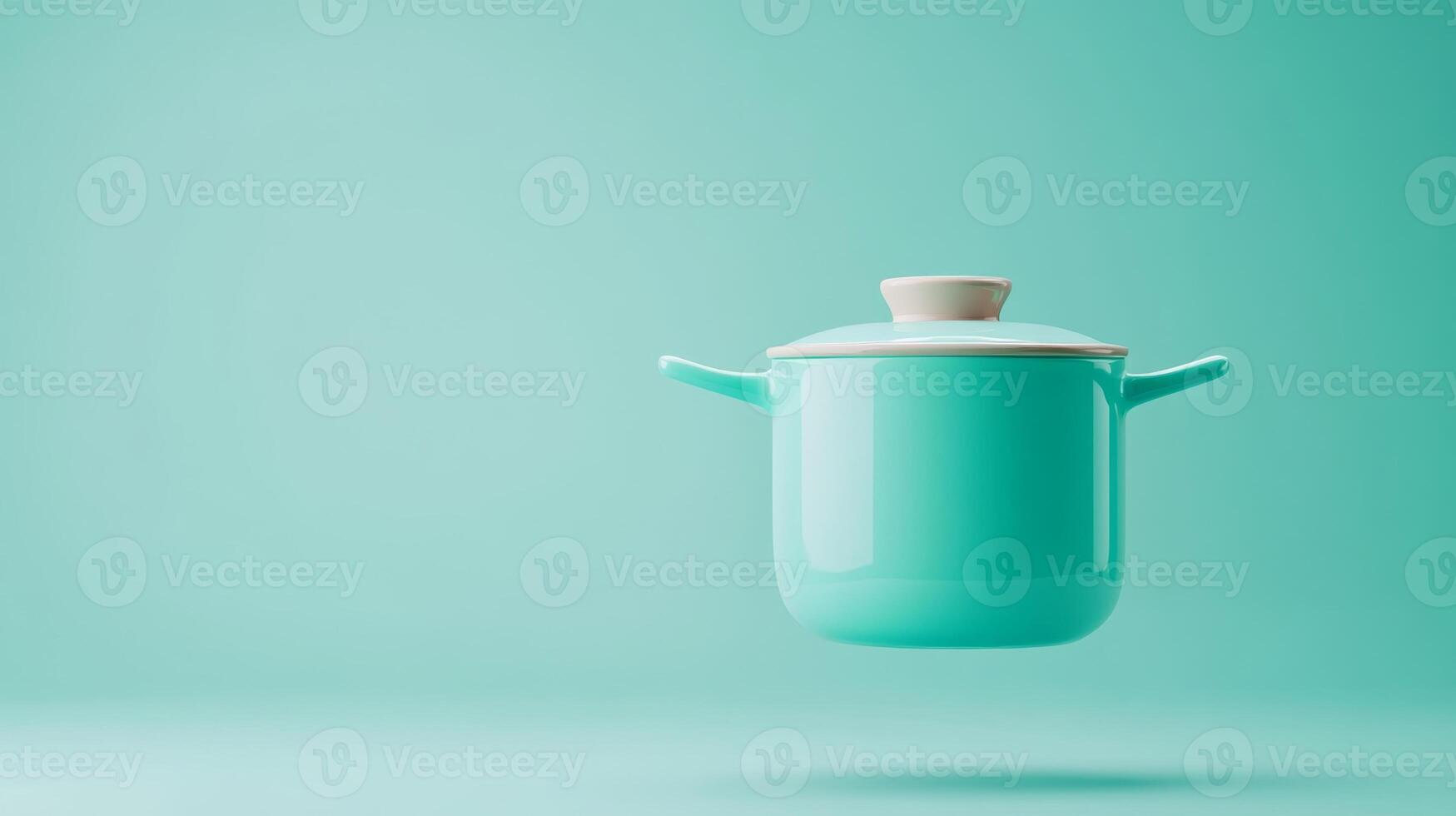 Colorful turquoise pot floating against a soft mint background, highlighting modern kitchen design and innovative cookware ideas photo