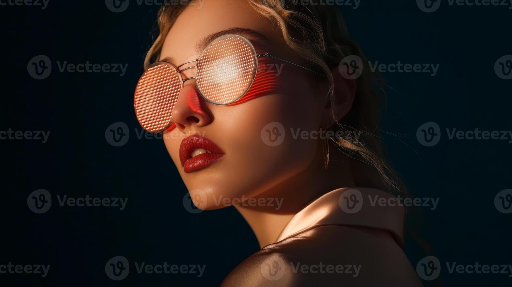 Portrait of a stylish woman wearing fashion sunglasses against a dark background, capturing elegance and modern aesthetics with bold makeup photo
