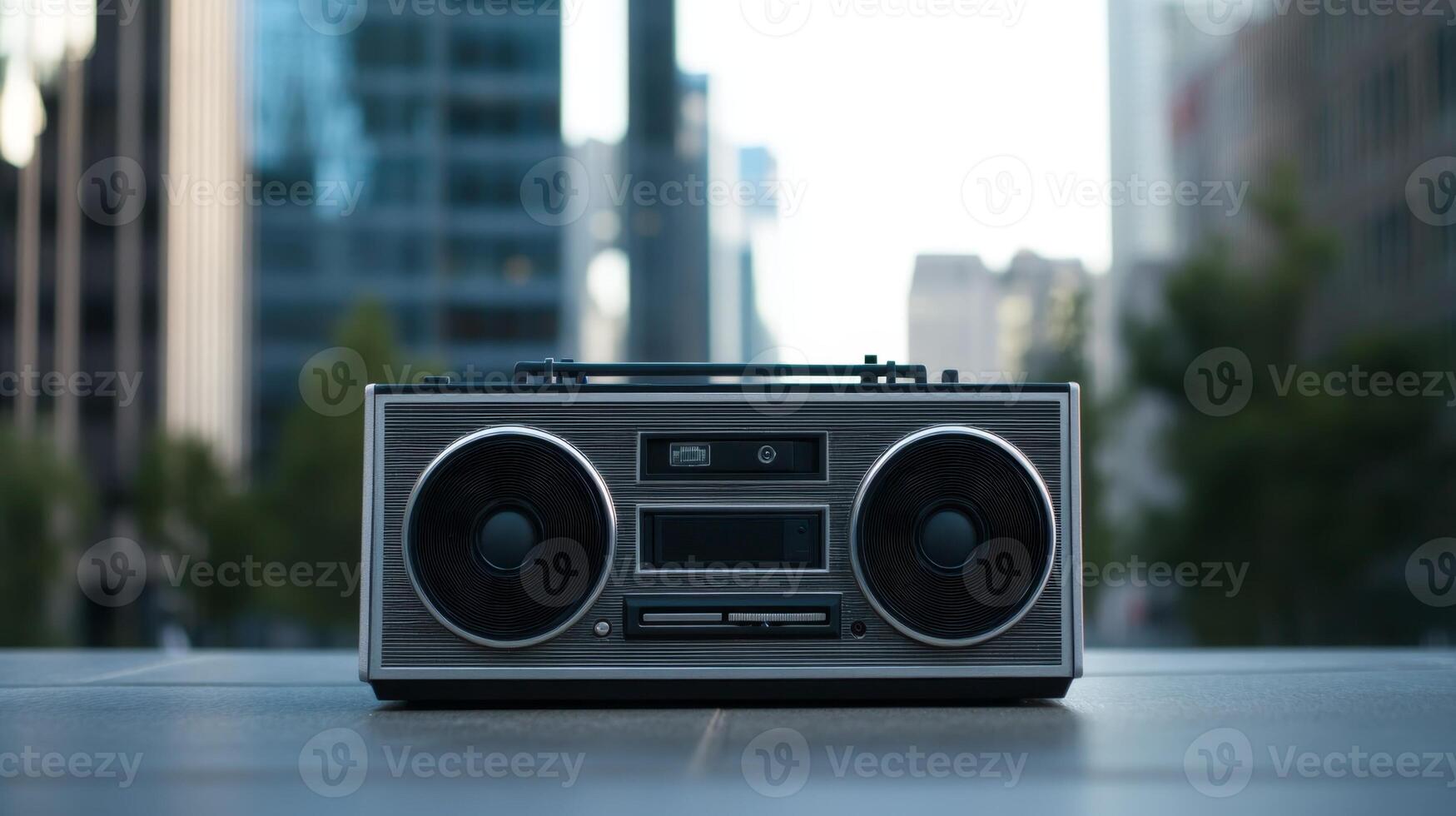 A retro cassette player is placed on the pavement in an urban setting, contrasting with sleek skyscrapers. City life buzzes around, capturing a blend of nostalgia and modernity photo