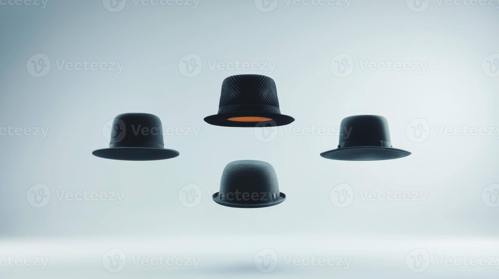 Floating hats arranged in a creative formation against a minimalist backdrop showcasing unique fashion concepts and design aesthetics photo