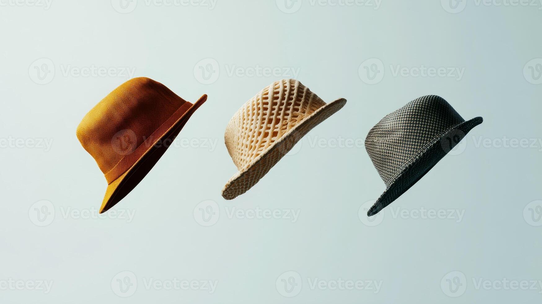 Stylish hats in varied colors displayed against a minimalist background photo