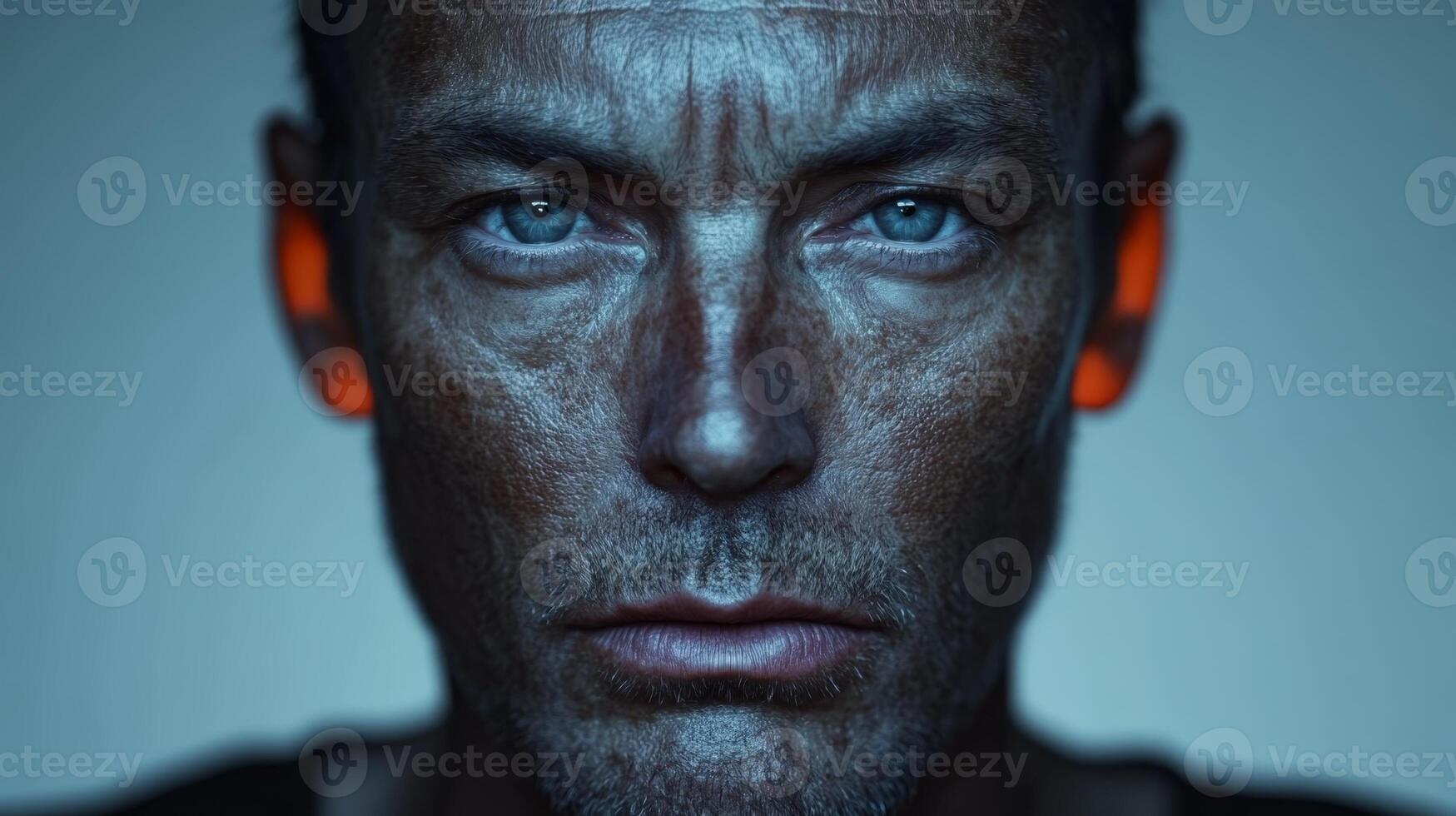 Intense close-up of a rugged man with piercing blue eyes and weathered skin, showcasing strength and character in a dramatic light setting photo