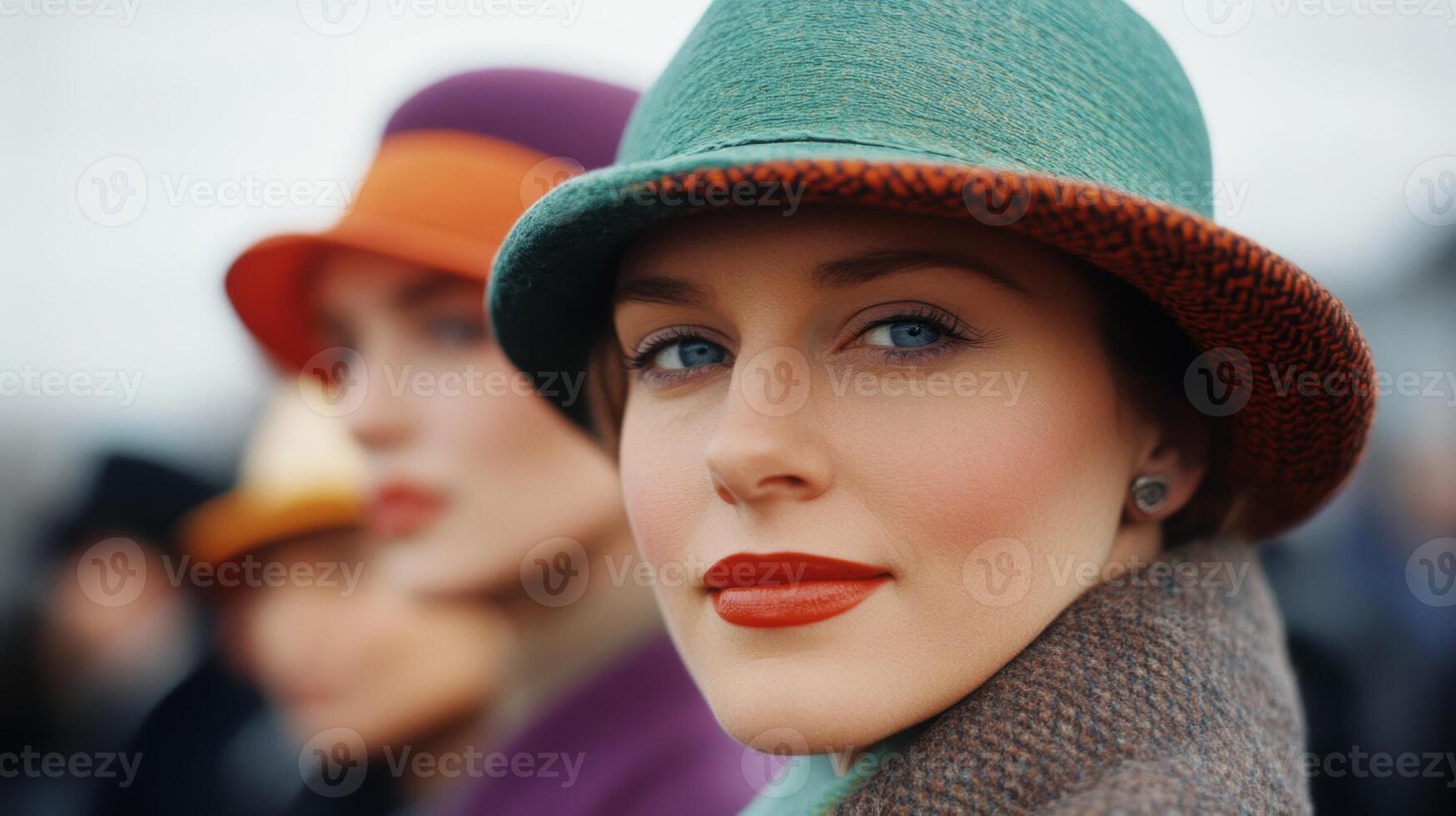 Stylish women wearing colorful hats at an outdoor fashion event during a cloudy afternoon photo