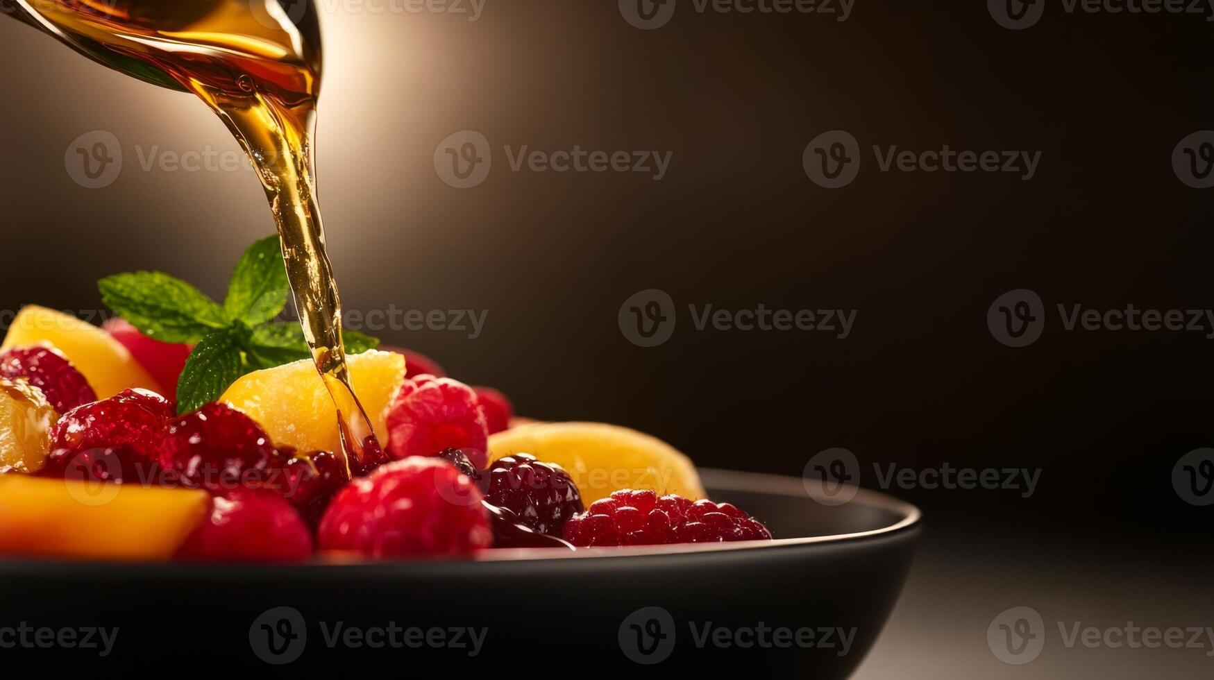 Fresh fruits topped with honey on a dark background, showcasing colors and textures photo