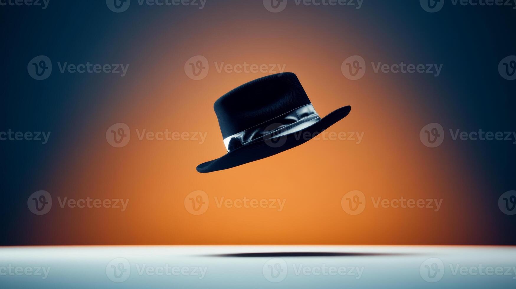 Floating black hat with a satin ribbon on a smooth surface illuminated by a warm gradient background photo