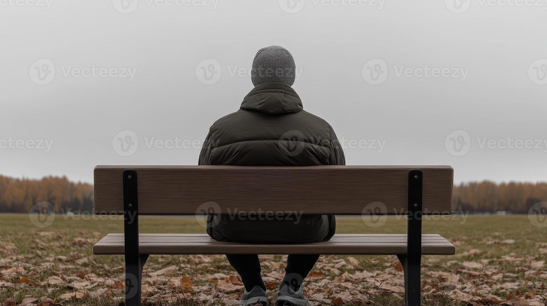 Person seated on a bench in a park on a cloudy day contemplating nature and solitude during fall season photo