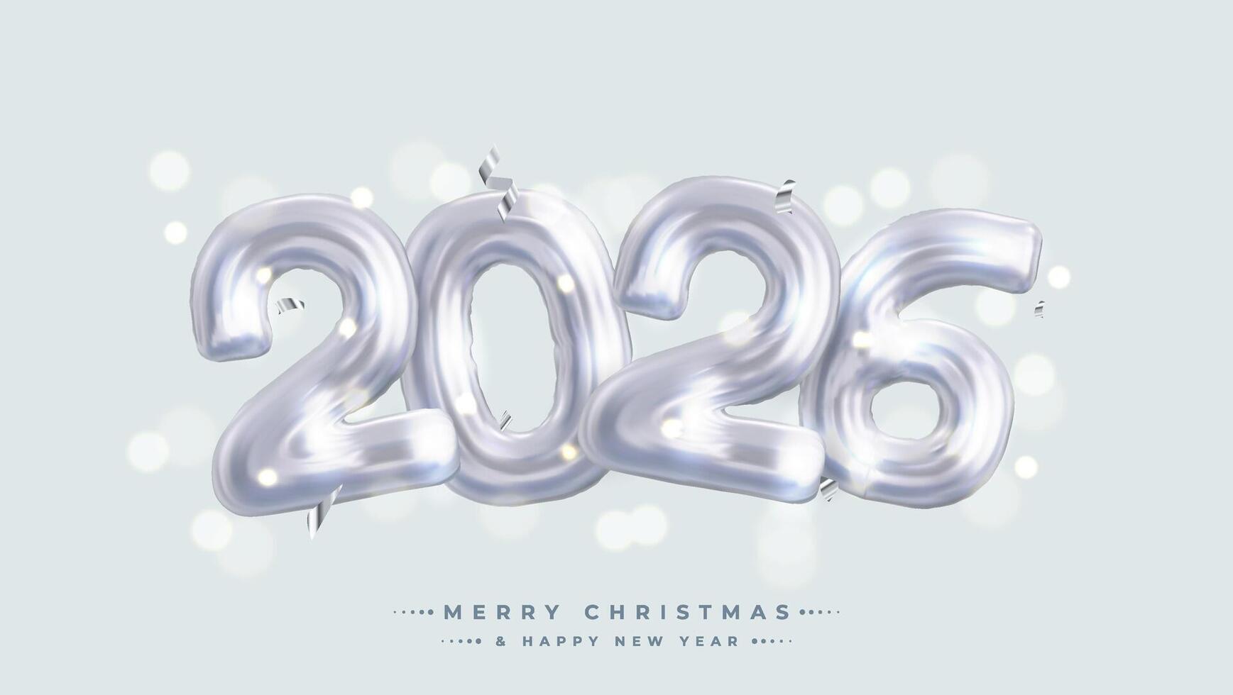 The festive and celebratory design features shiny white number 2026 balloons surrounded by silver confetti. Perfect for New Year's Eve celebrations and party invitations. vector