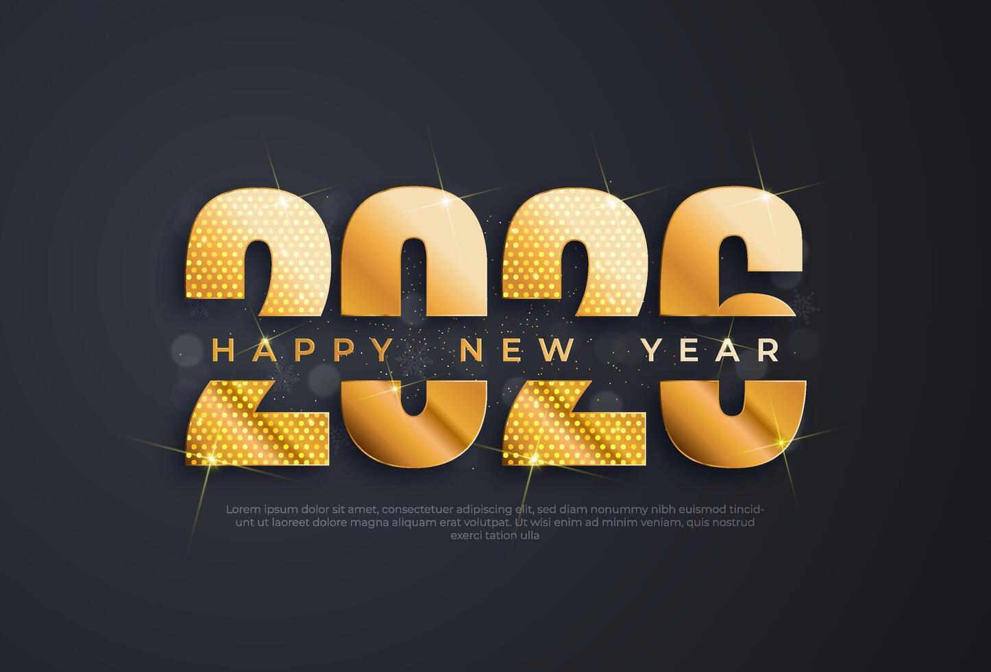 Happy new year 2026 typographic text poster design celebration. Glowing golden numbers and dark background vector