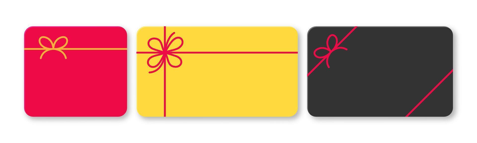 Set of blank colored gift cards with decorative bows, ideal for sales events, bonus offers, or certificates. Includes black, red, and yellow cards viewed from the top on a white background. vector