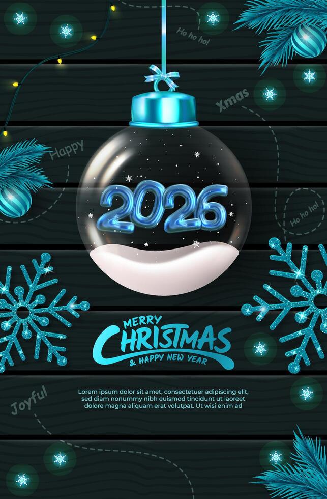 Christmas ornament glass ball with snow inside and numbers 2026. Transparent ball Christmas decoration, blue sparkling snow, bokeh lights. Realistic 3d design. vector