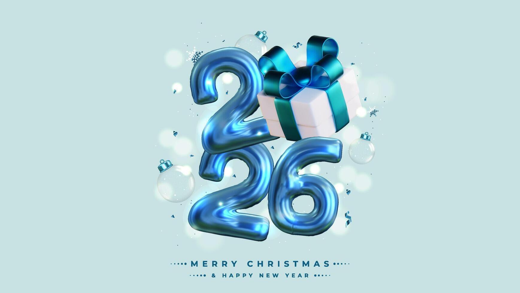 Happy New Year 2026, Realistic 3D rendering of the figures, complemented by shiny blue gift box ribbons and Christmas decorations. This is the perfect celebratory sign for your 2026 celebrations. vector