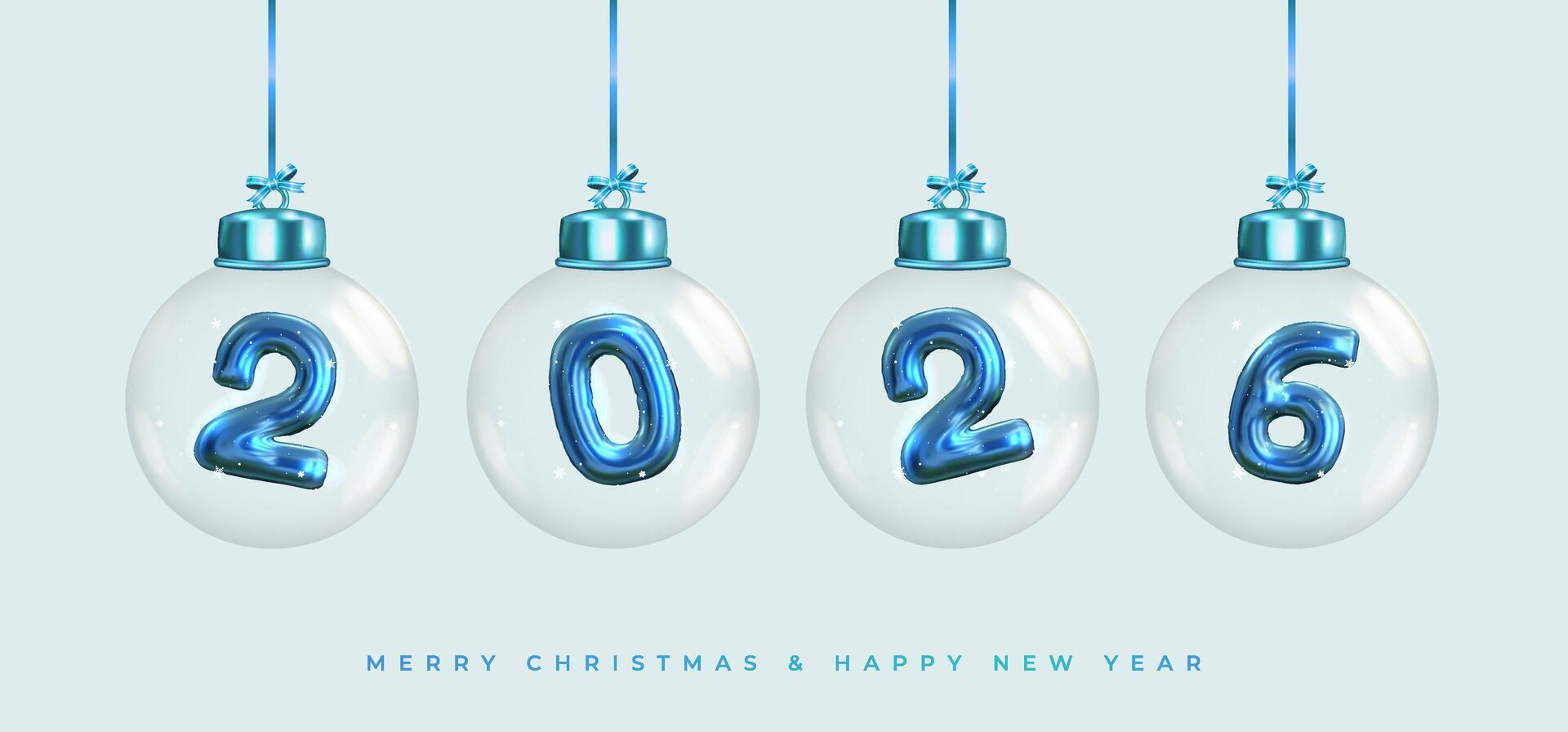 Happy New Year 2026, Shiny blue numbers inside Christmas glass balls hanging on ribbon. Realistic 3D image of metal sign. Celebrating 2026 party. Christmas poster, web banner, site header. vector