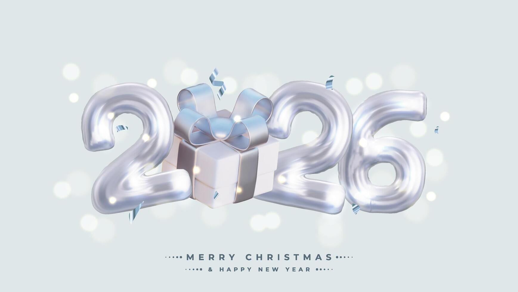 Happy New Year 2026, Realistic 3D rendering of the figures, complemented by silver gift box ribbons and Christmas decorations. This is the perfect celebratory sign for your 2026 celebrations. vector