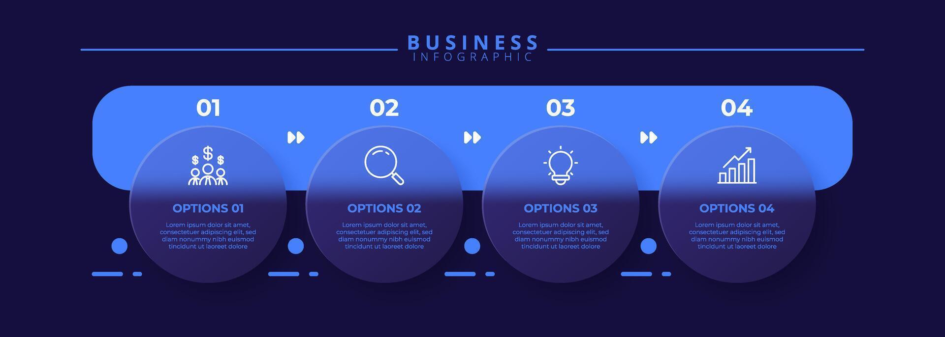 Infographic label design template featuring icons and four distinct steps. Ideal for process charts, presentation slides, workflow schemes, banners, flow diagrams, and data visualization vector