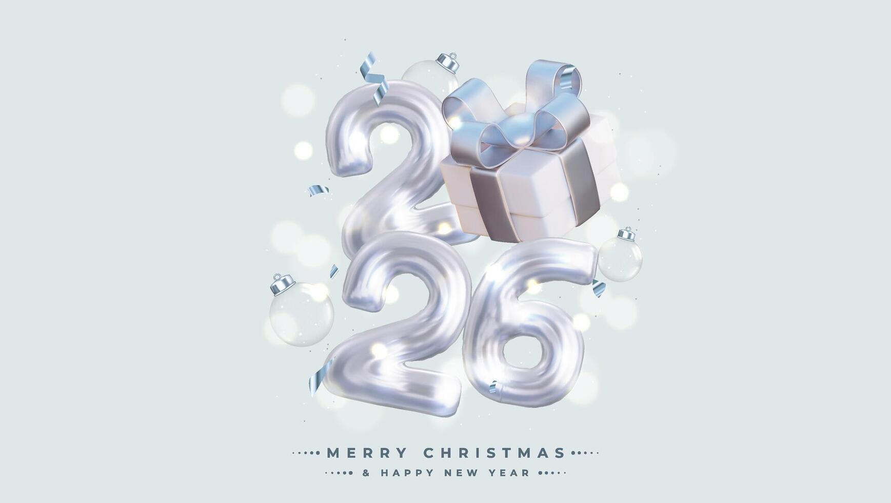 Happy New Year 2026, Realistic 3D rendering of the figures, complemented by silver gift box ribbon vector