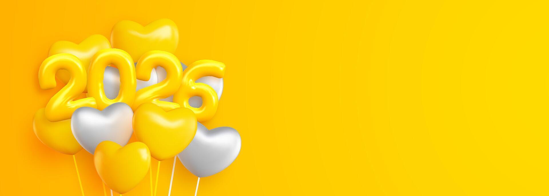Happy New Year 2026 with realistic yellow and white balloons. This backdrop includes the 2025 number symbol in a shiny yellow look and hanging helium balloons, as well as sparkling gold confetti. vector