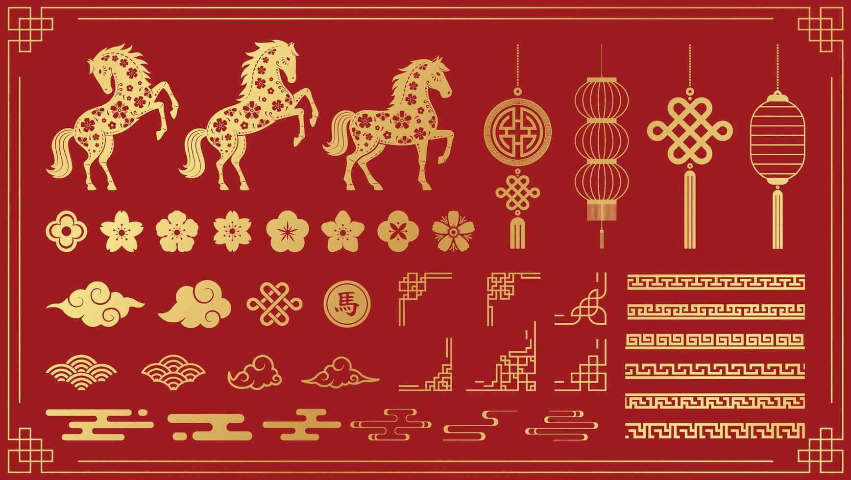 Chinese New Year 2026 icon set. Includes lanterns, horse, clouds, flowers, and traditional decorative elements. vector