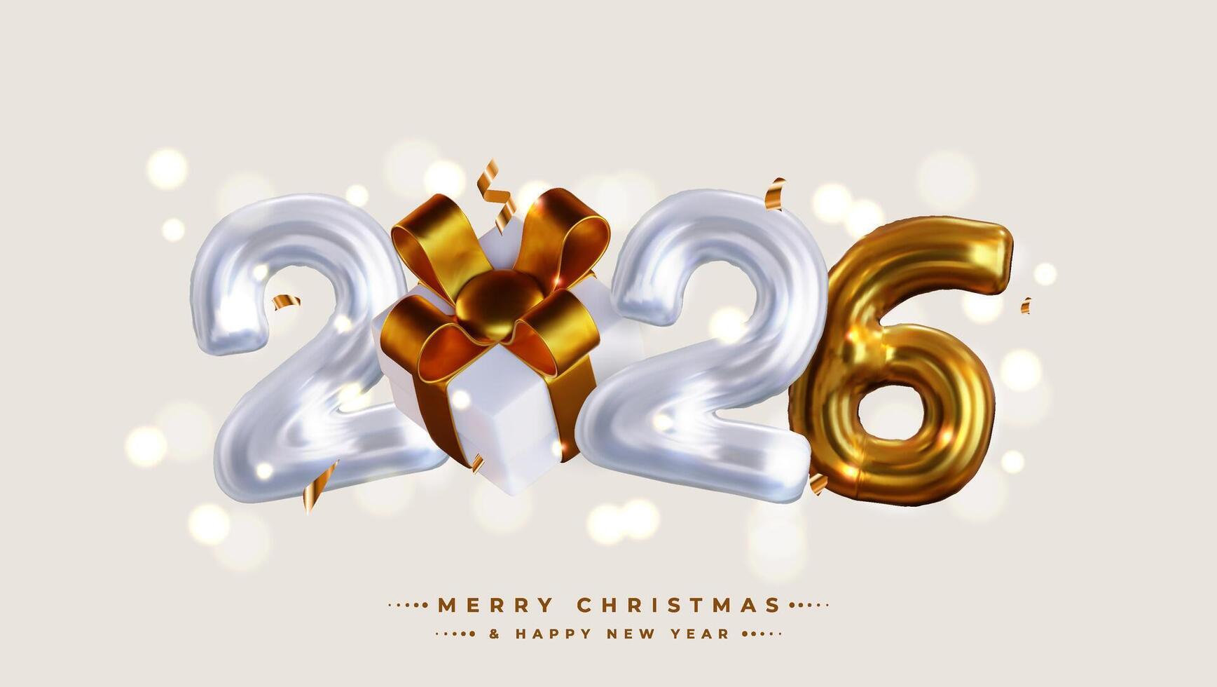 Happy New Year 2026, Realistic 3D image rendering, equipped with gift boxes, shiny gold and silver colored numbers. This is the perfect celebratory sign for your 2026 celebration. vector