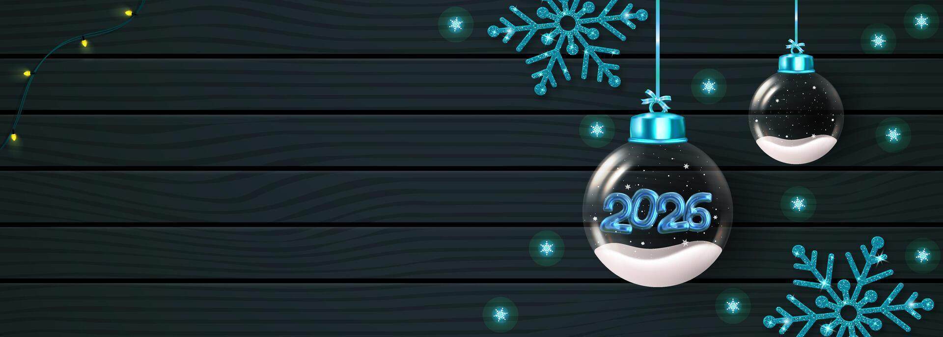 Christmas ornament glass ball with snow inside and numbers 2026. Transparent ball Christmas decoration, blue sparkling snow, bokeh lights. vector