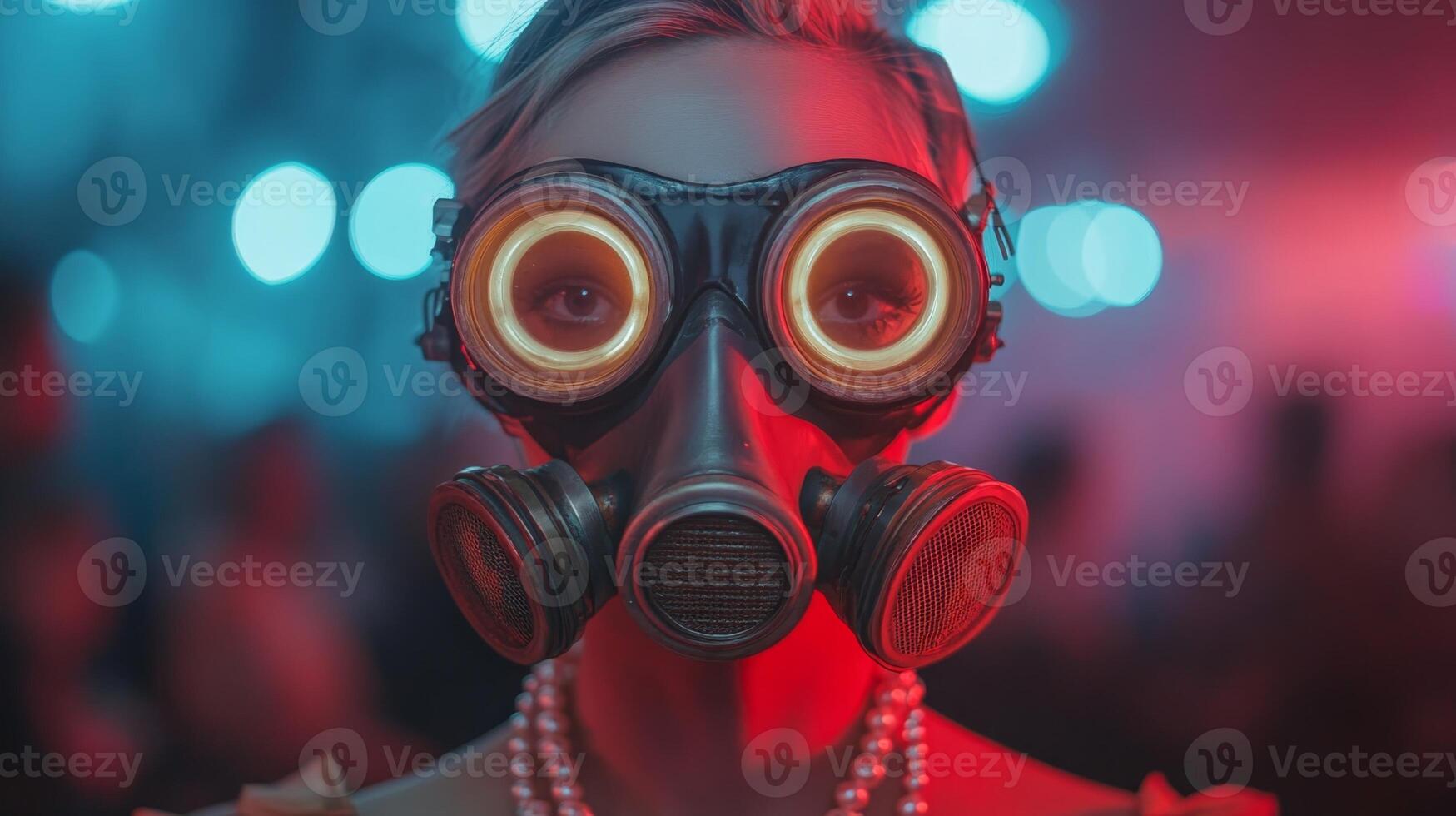 Unique portrait of a woman wearing a gas mask with glowing rings in a vibrant and artistic urban setting photo