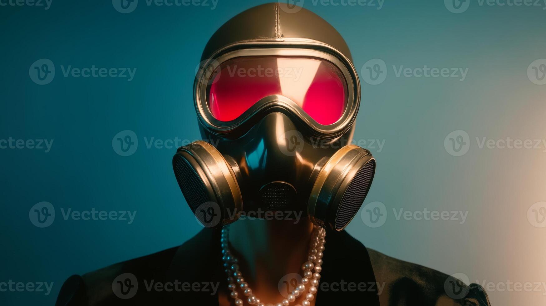 Woman wearing a stylish gas mask with red lenses and pearls posing in a dramatic lighting setting photo
