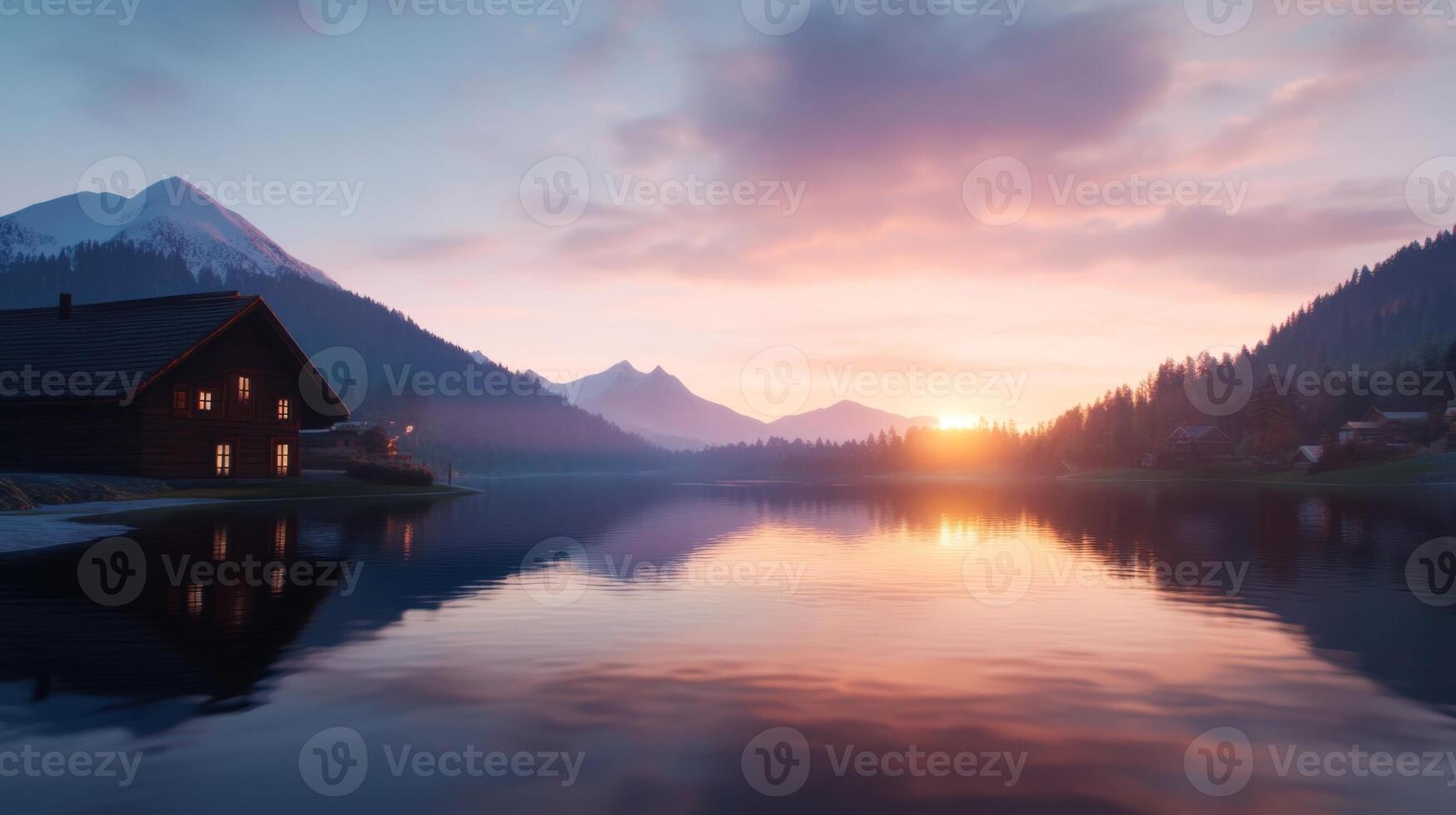 Stunning sunset over tranquil lake reflecting mountains and cabin in serene landscape during dusk photo