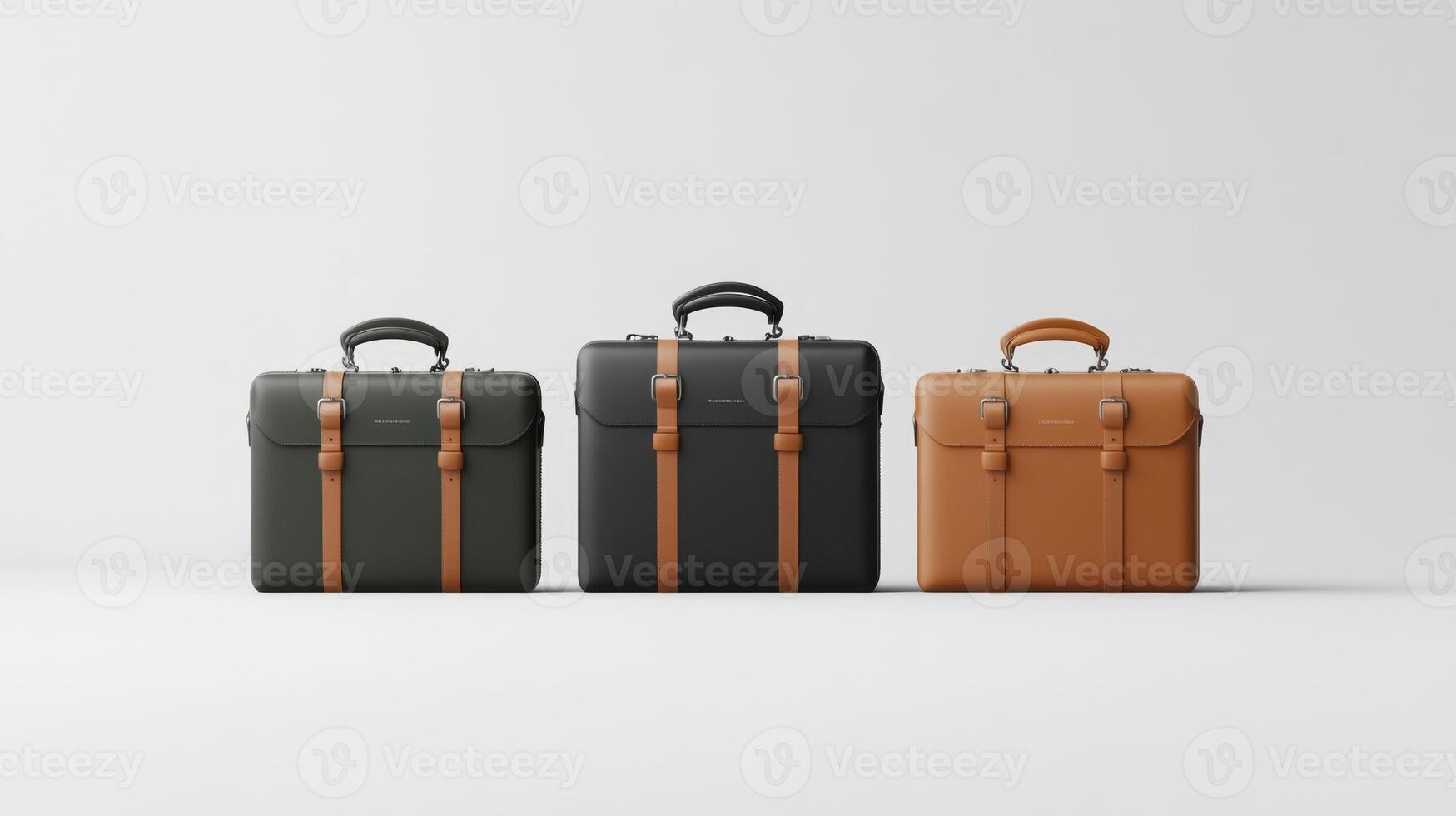 Stylish leather briefcases in black, green, and tan arranged on a minimalistic background for modern professionals photo