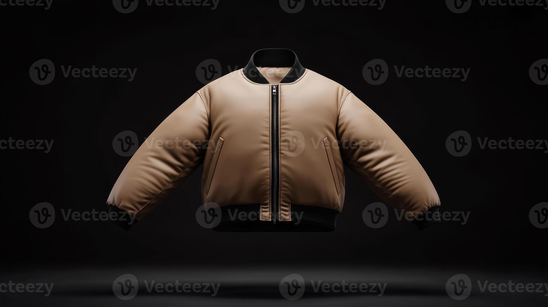 Stylish brown bomber jacket floating against a dark background showcasing modern design and sleek aesthetic appeal photo