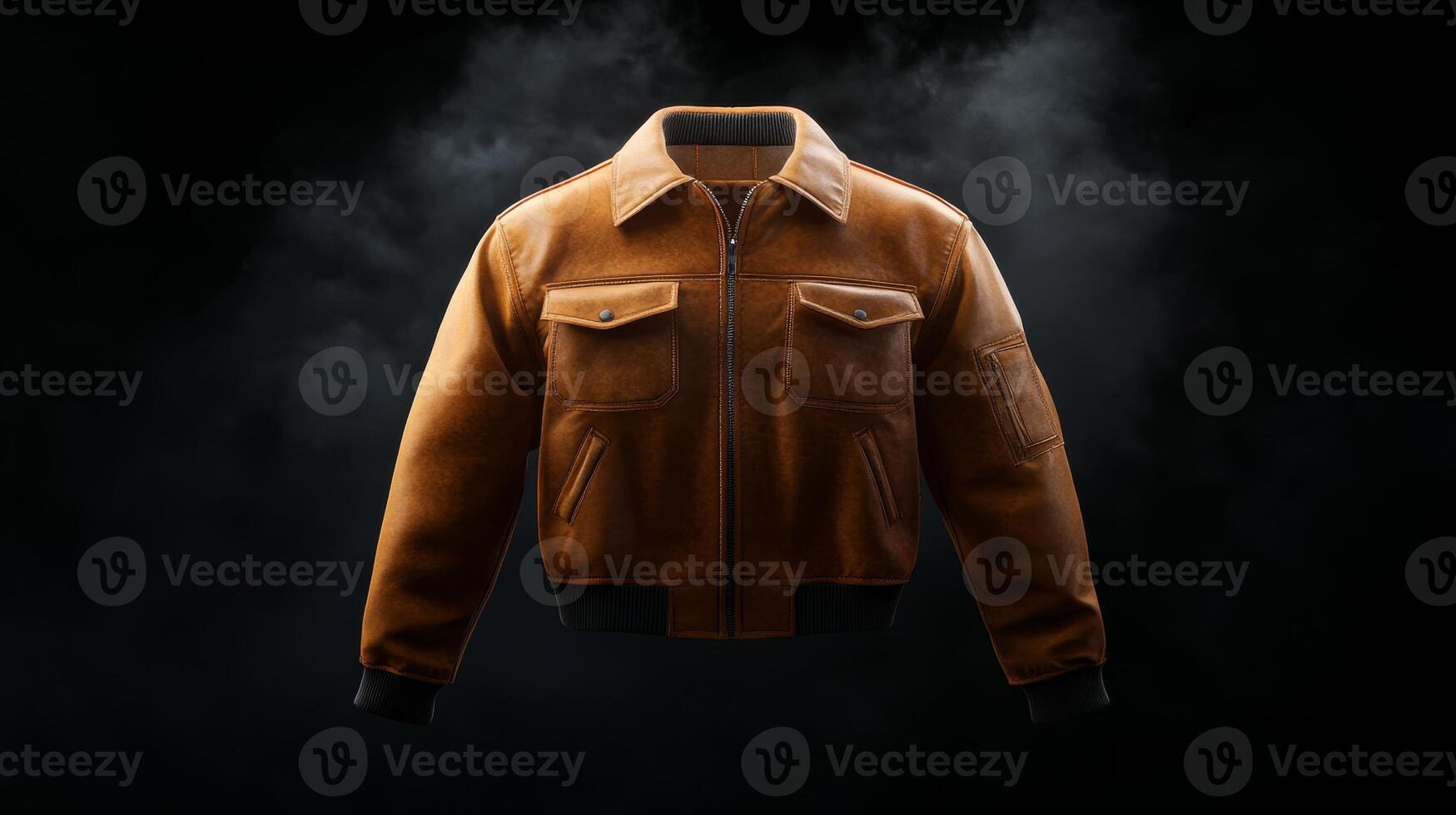 Classic brown leather jacket against a dark smoky background showcasing texture and craftsmanship photo