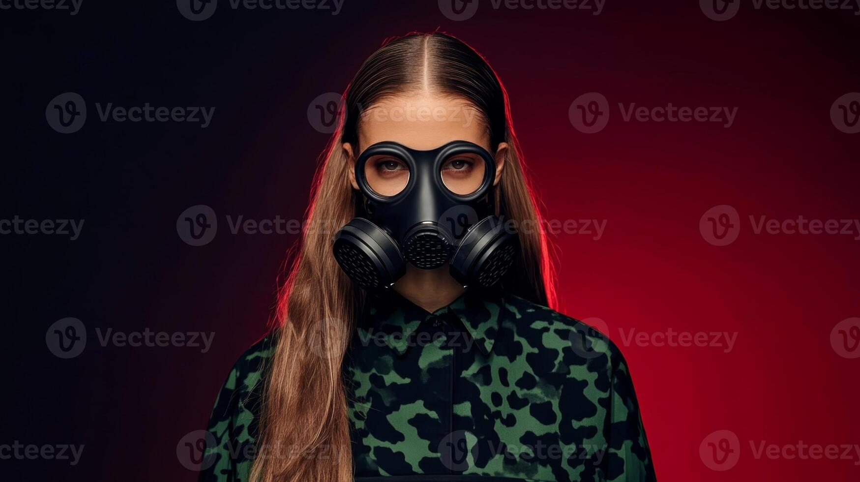 Young woman in a gas mask and camouflage hoodie against a gradient background, conveying a dystopian atmosphere and emotion photo