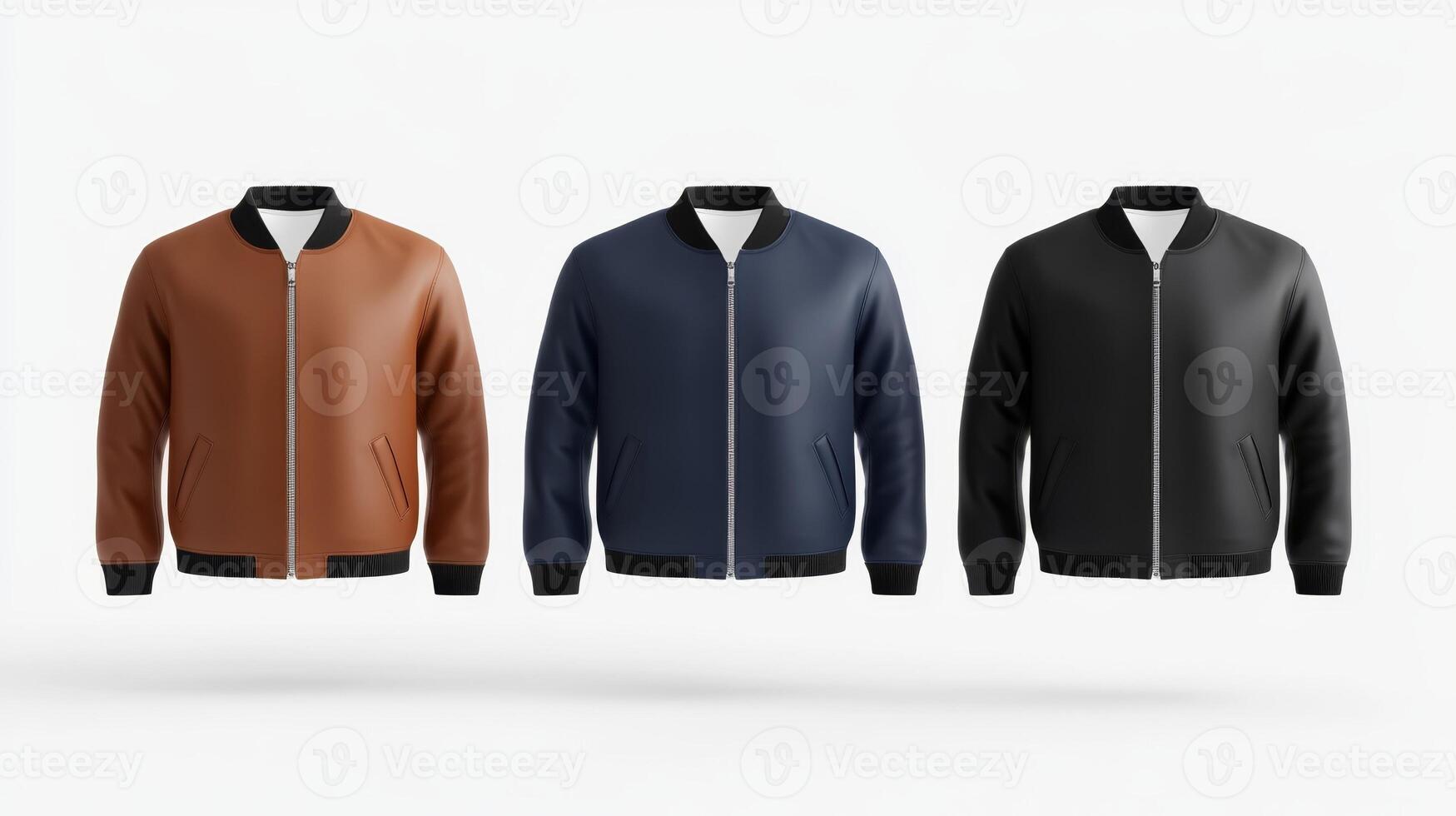 Stylish bomber jackets in various colors displayed on a white background showcasing contemporary fashion design concepts photo