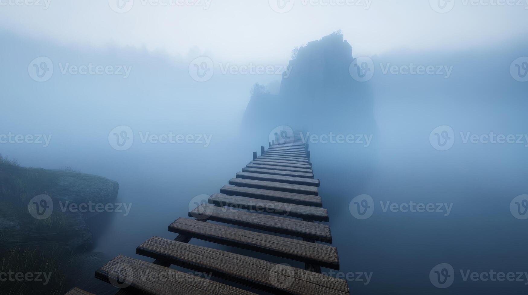 Mysterious wooden boardwalk extending into foggy landscape by tranquil lake at dawn photo