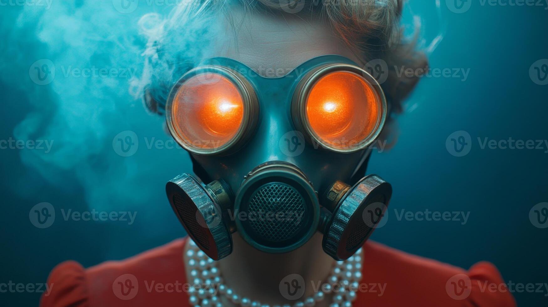 Gas mask portrait with glowing lenses showcases a surreal and eerie aesthetic in an atmospheric setting photo