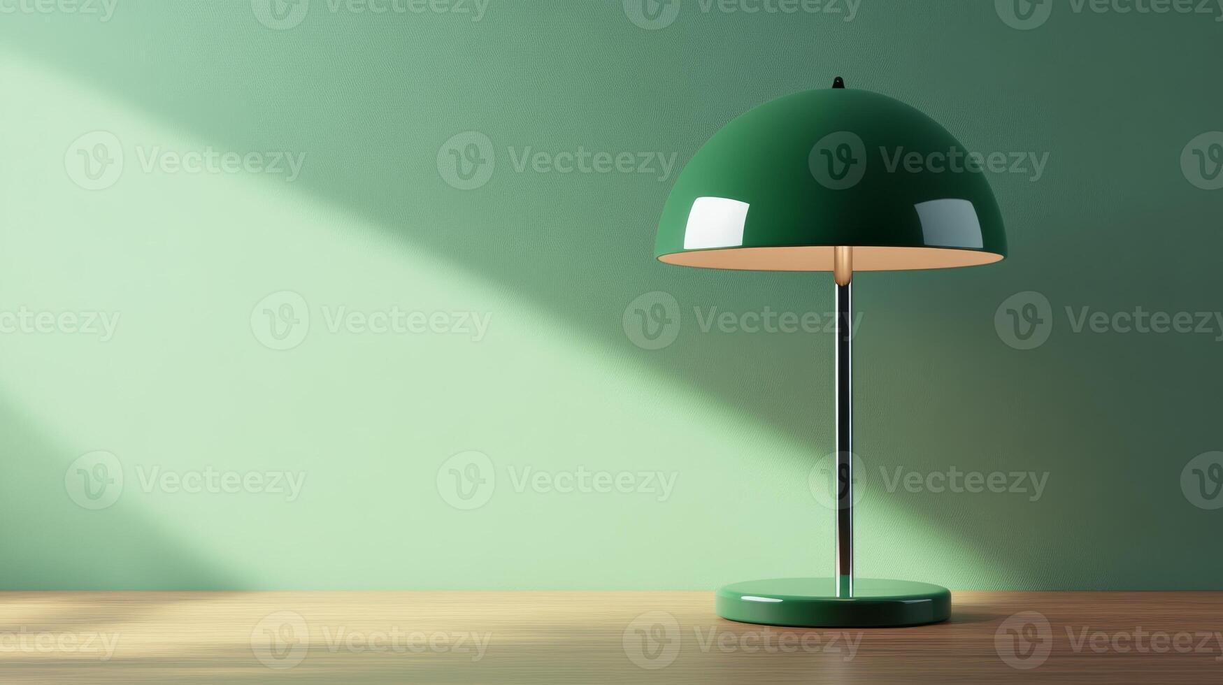 Contemporary green lamp casting soft light in minimalist interior setting with wooden surface in natural daytime ambiance photo