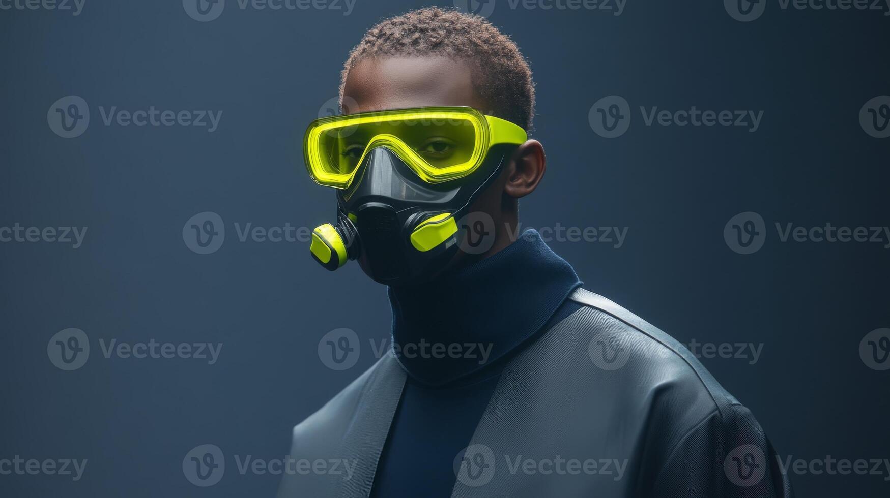 Dramatic portrait of a man wearing a futuristic diving mask with neon accents in a dark studio setting photo
