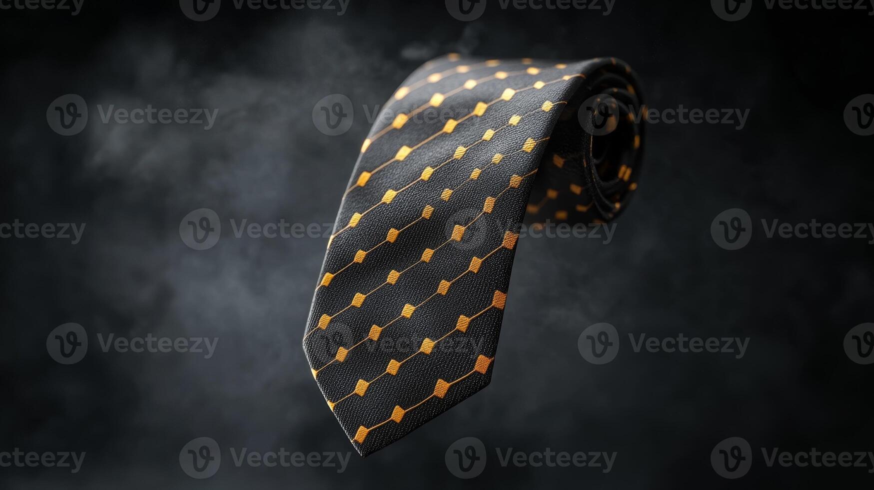 Elegant black tie with yellow geometric pattern showcased against a smoky background for fashion or formal wear photo