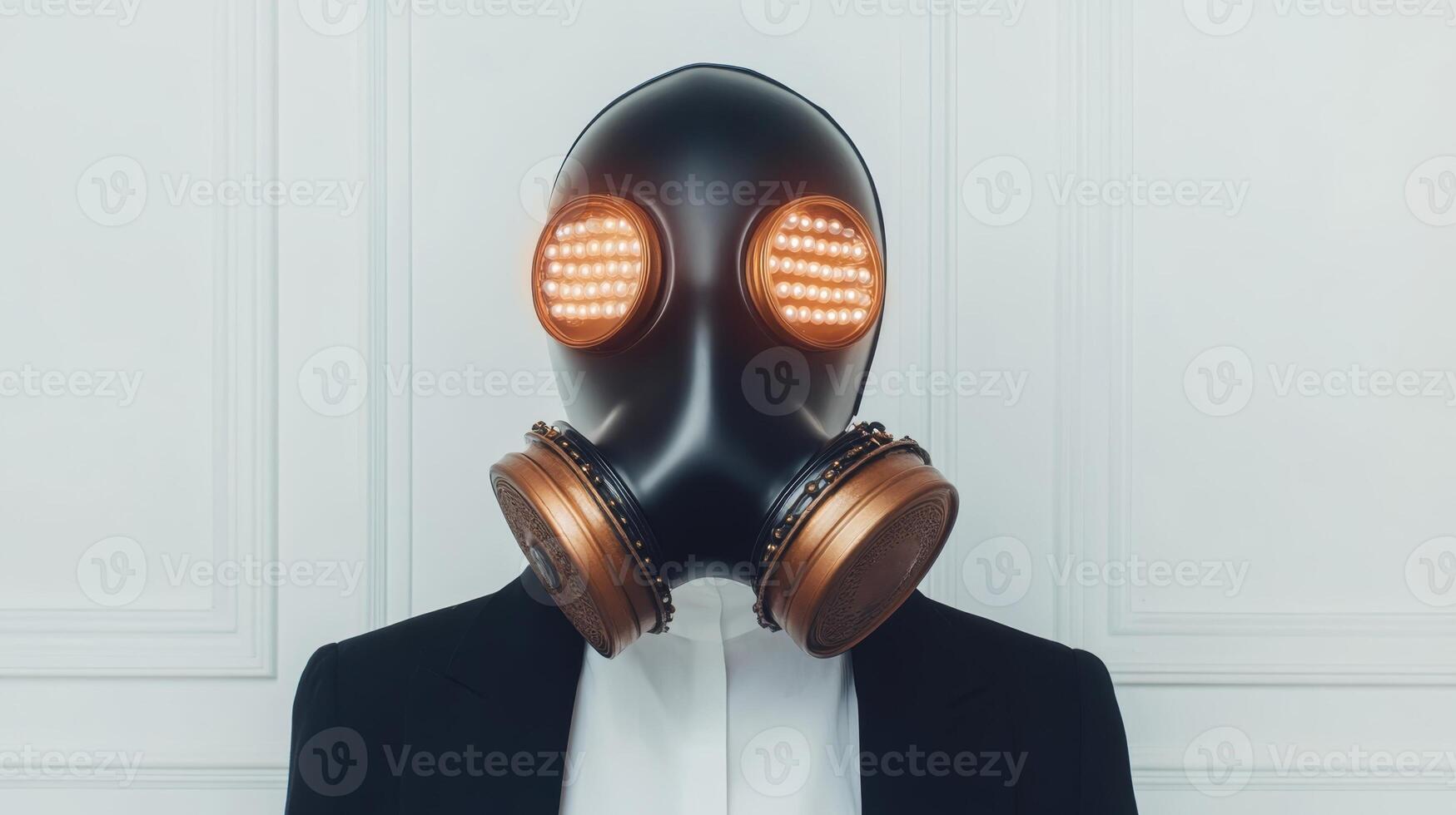 Unique figure in a gas mask with illuminated eyes wearing formal attire in a modern indoor setting photo